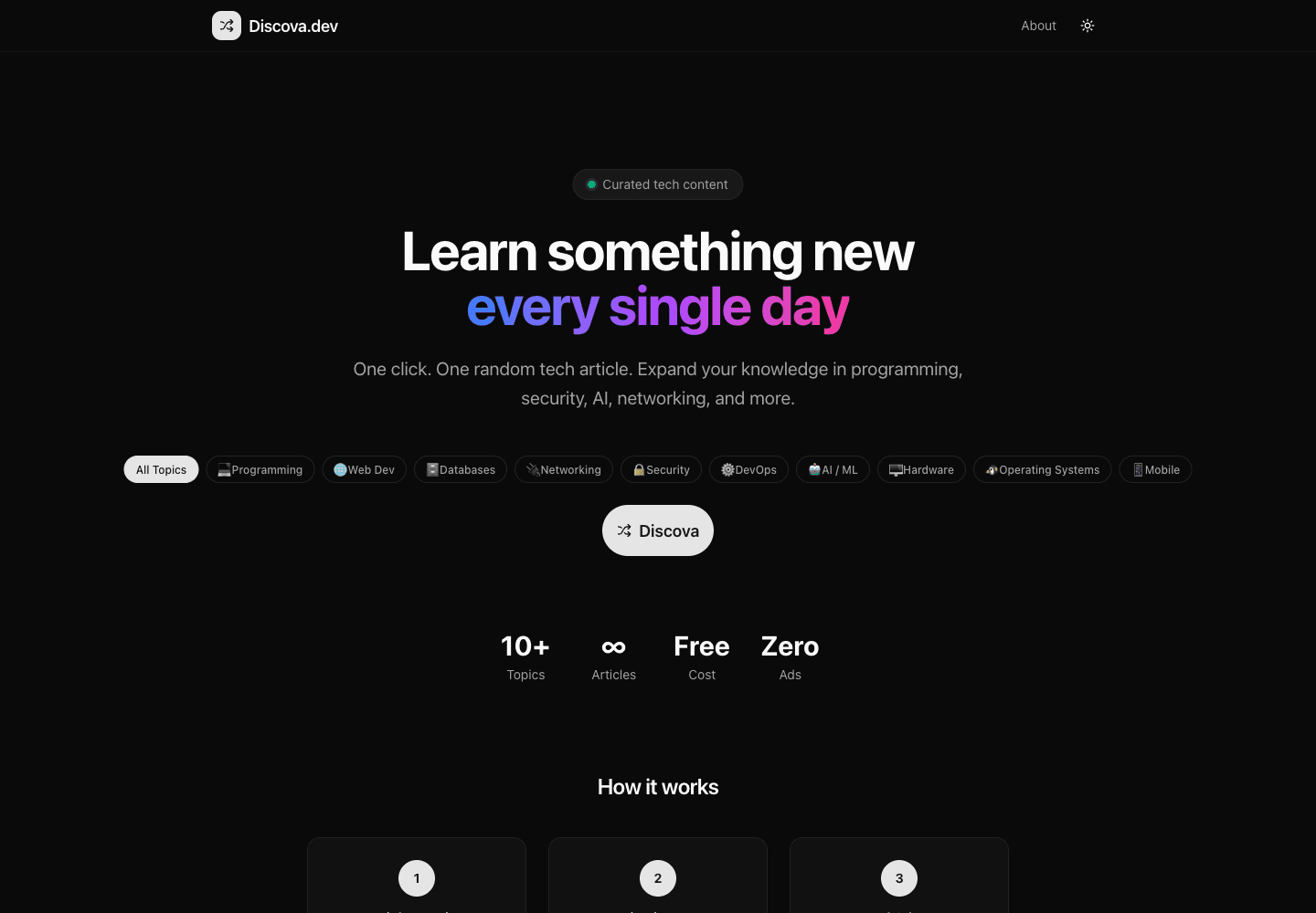 Discova home page with technology topic filters and a button for opening a random article