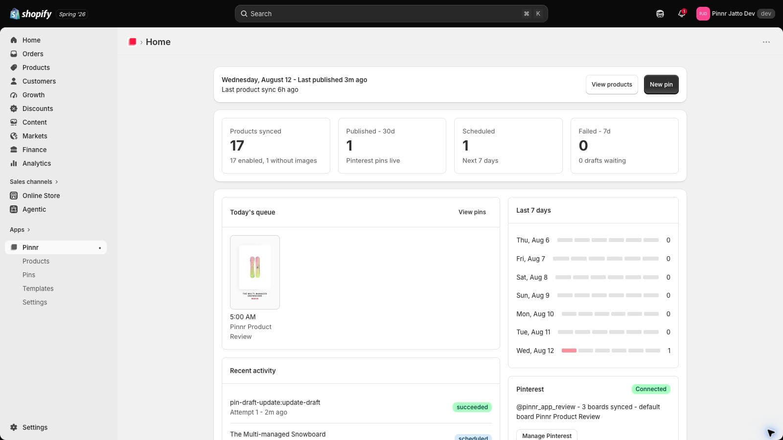 Pinnr embedded in Shopify Admin with product sync, publishing, scheduling, and Pinterest connection status