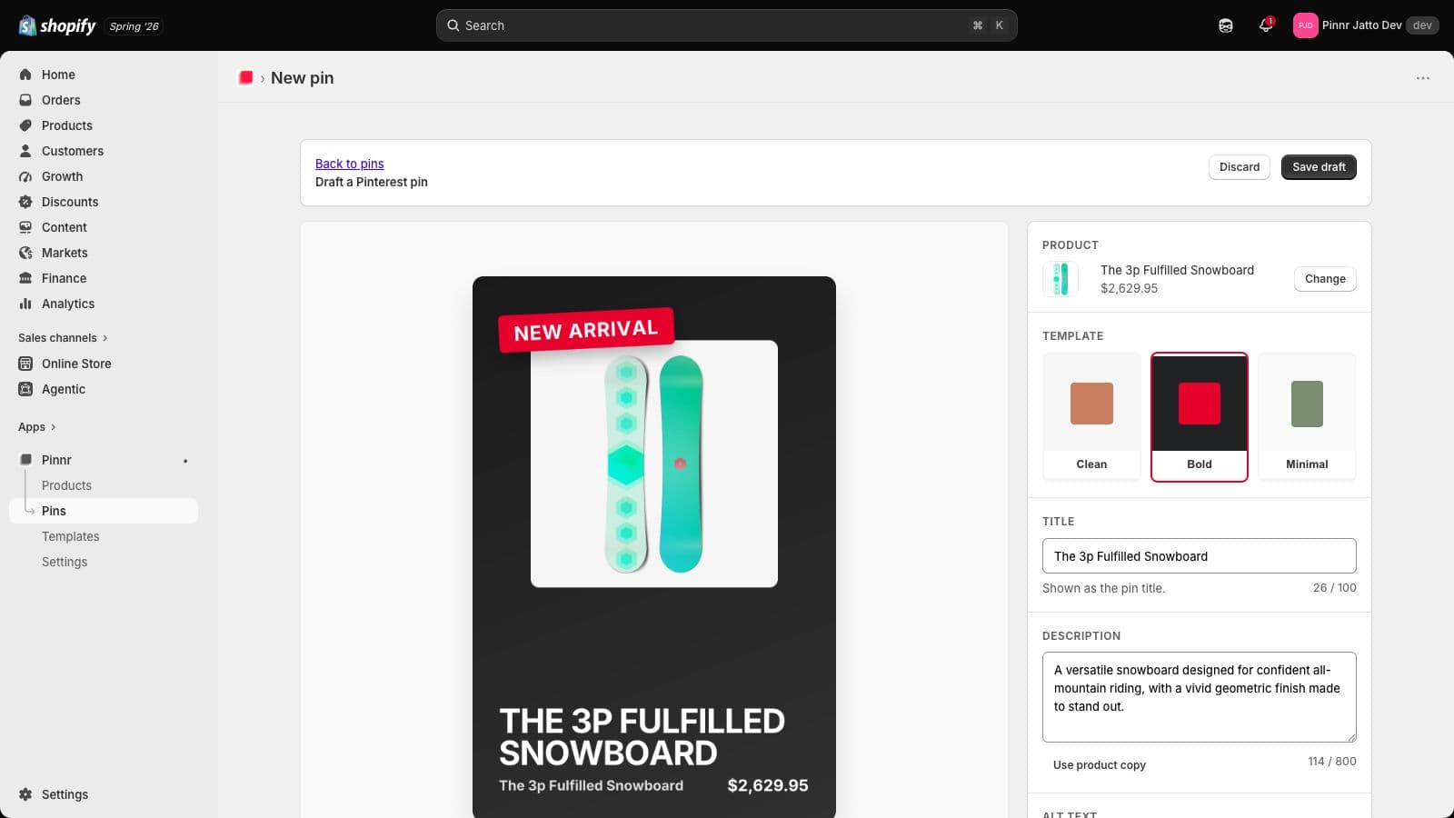 Pinnr pin editor with a selected Shopify product, brand template, title, and description fields