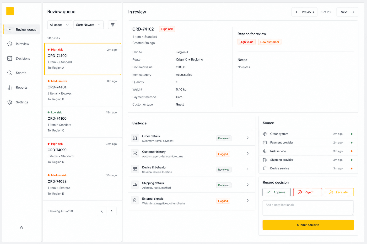 Synthetic RuleNorth review workspace with an order queue, evidence sources, and human decision controls